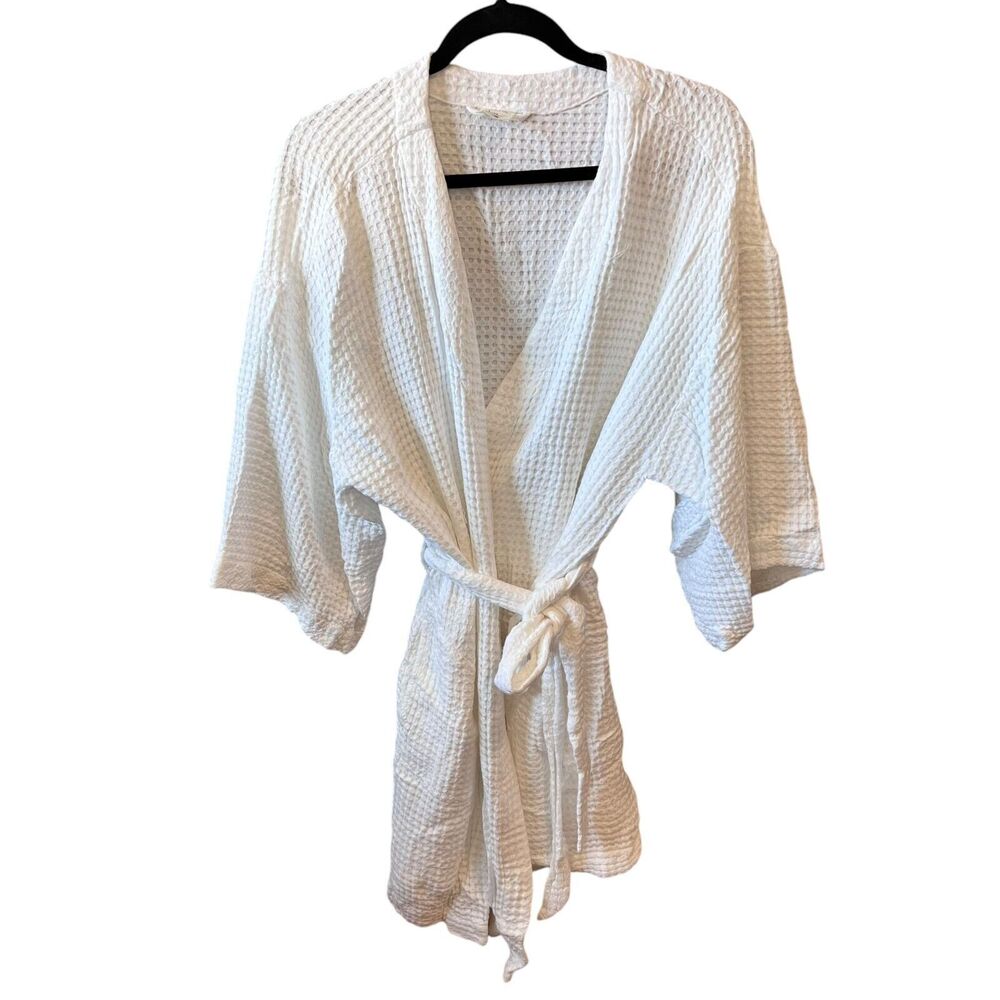 Soma Waffle Knit Robe Kimono Sleeve White Short‎ Pockets Tie Rayon Sz. L/XL Spa